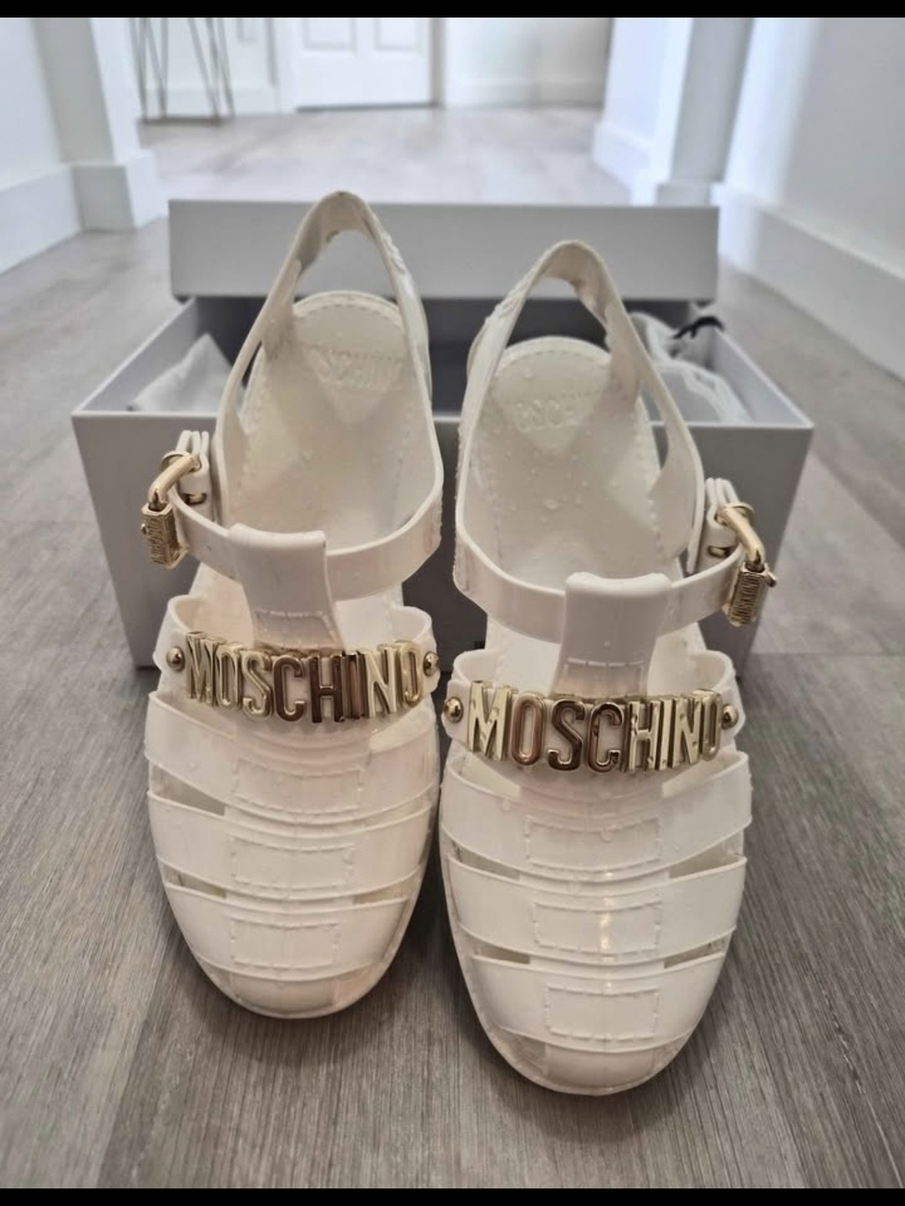 Moschino Cream Jelly Logo Slingback Sandals with Gold Hardware